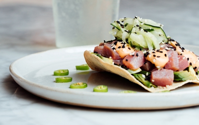 Tuna Prophecy con tostada de nopal, puré de aguacate, atún, pepino con aceite de chiles, chipotle y ajonjolí