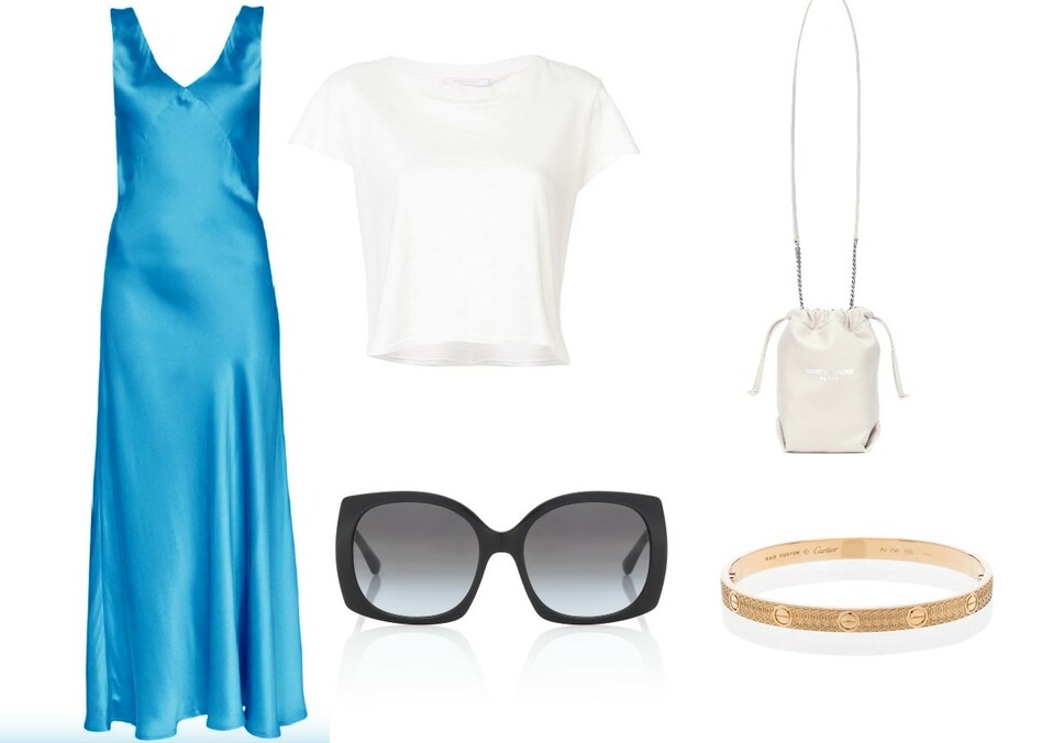 Asceno, Vestido largo de seda 11,586 MXN www.farfetch.com, John Elliott, Playera corta 2,827 MXN www.farfetch.com, MAD Paris, Pulsera Cartier Love 18,