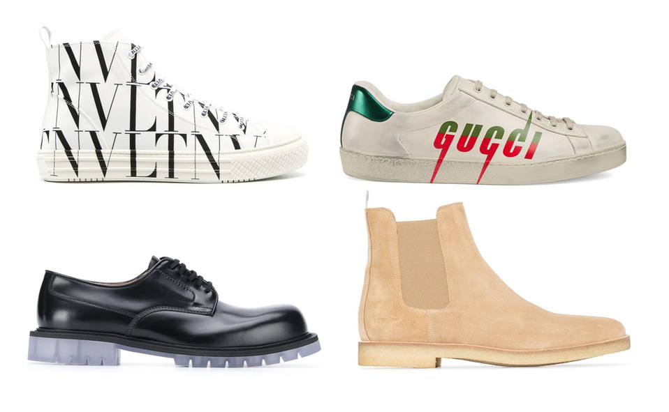Zapatos en tendencia: Valentino 17,150 MXN, Gucci 15,400 MXN, Bottega Veneta 18,800 MXN, Common Projects 11,265 MXN