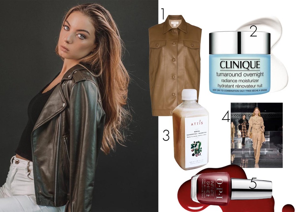 1. Leather trend, Materiel.  2. Crema Turnaround Overnight, Clinique. 3. Té de Mangostan, @attis.mx. 4. Ropa (color beige), BURBERRY. 5. Uñas rojo vin