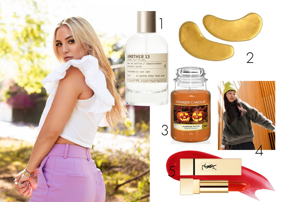 1. Another 13, Le Labo. 2. 24K Eye patches, Keeo Beauty. 3. Velas aromáticas de calabaza,  YANKEE CANDLE.  4. Wardrobe de invierno, Lululemon. 5. Labi