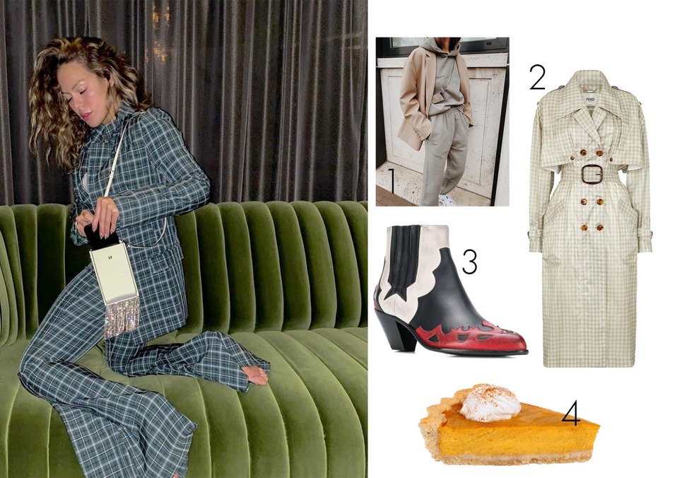 1. Loungewear, Pangaia. 2. Trench coats, FENDI.  3. Cowboy boots, Golden Goose. 4. Pay de calabaza.