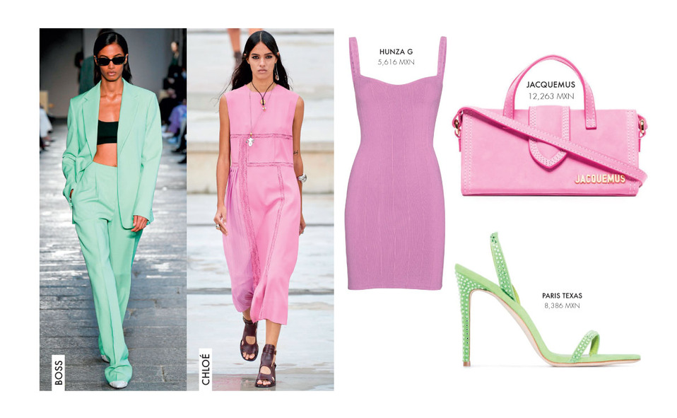 Los accesorios en estas tonalidades van desde bolsas, pañuelos, joyas y zapatos que, en looks monocromáticos aligeran la figura.