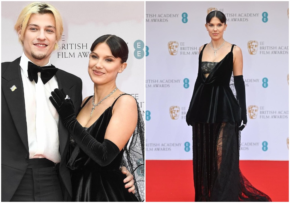 En un look muy maduro, Millie Bobby Brown se lució con un vestido en color negro con transparencias Louis Vuitton al lado de su novio