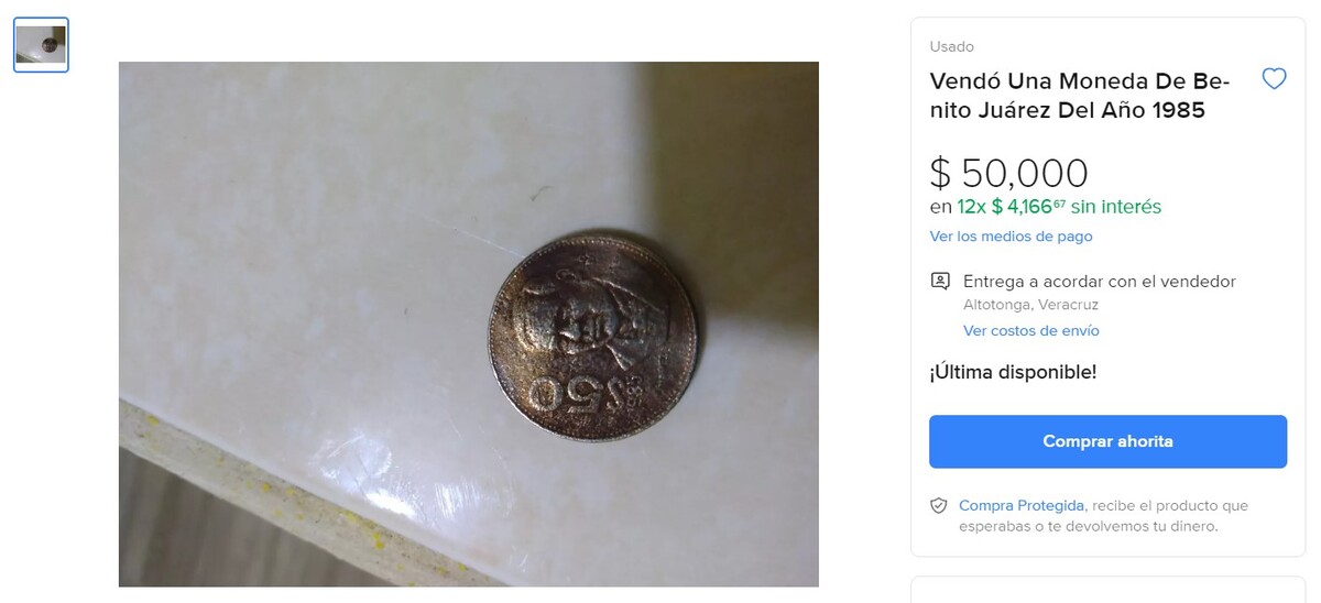 Moneda de Benito Juárez se vende hasta en 50 mil pesos (Foto: Mercado LIbre)
