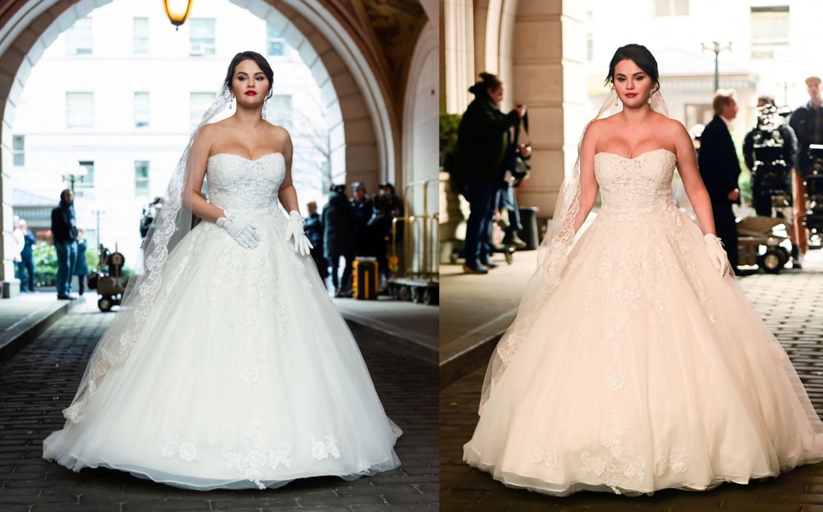 Selena Gomez luce elegante vestido de novia en Nueva York
