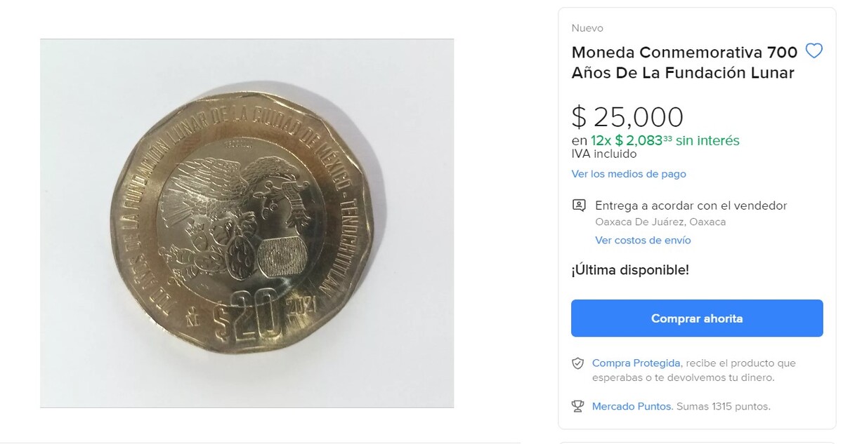 Moneda de Tenochtitlan se vende hasta en ¡25 MIL pesos! (Foto: Mercado Libre)