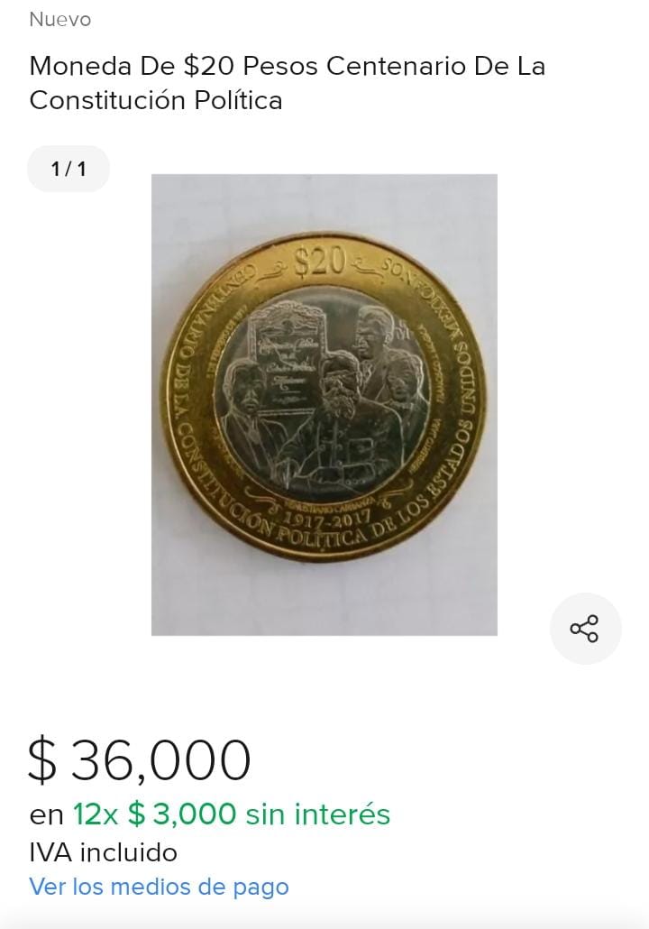 Esta moneda conmemorativa de $20 pesos está cotizada, ¡en 36 mil! (Foto: Mercado Libre)
