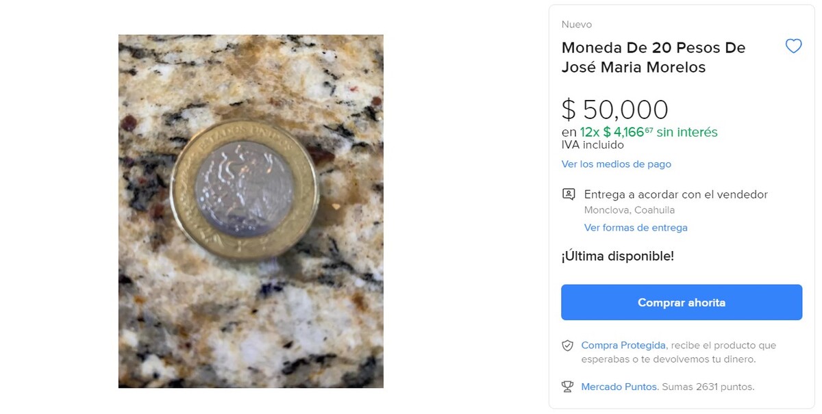 ¿La tienes? Esta moneda de 20 pesos se vende en 50 mil