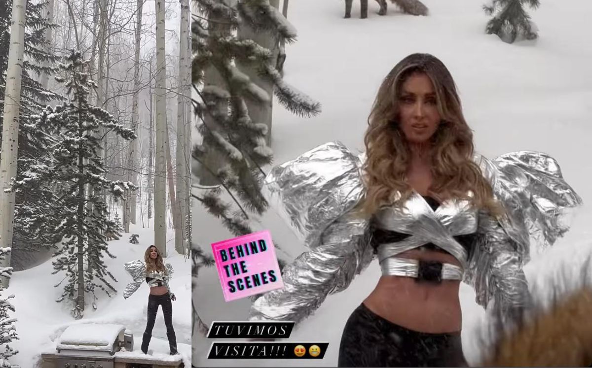 Anahí usa crop top metálico de hombreras en la nieve, en primavera