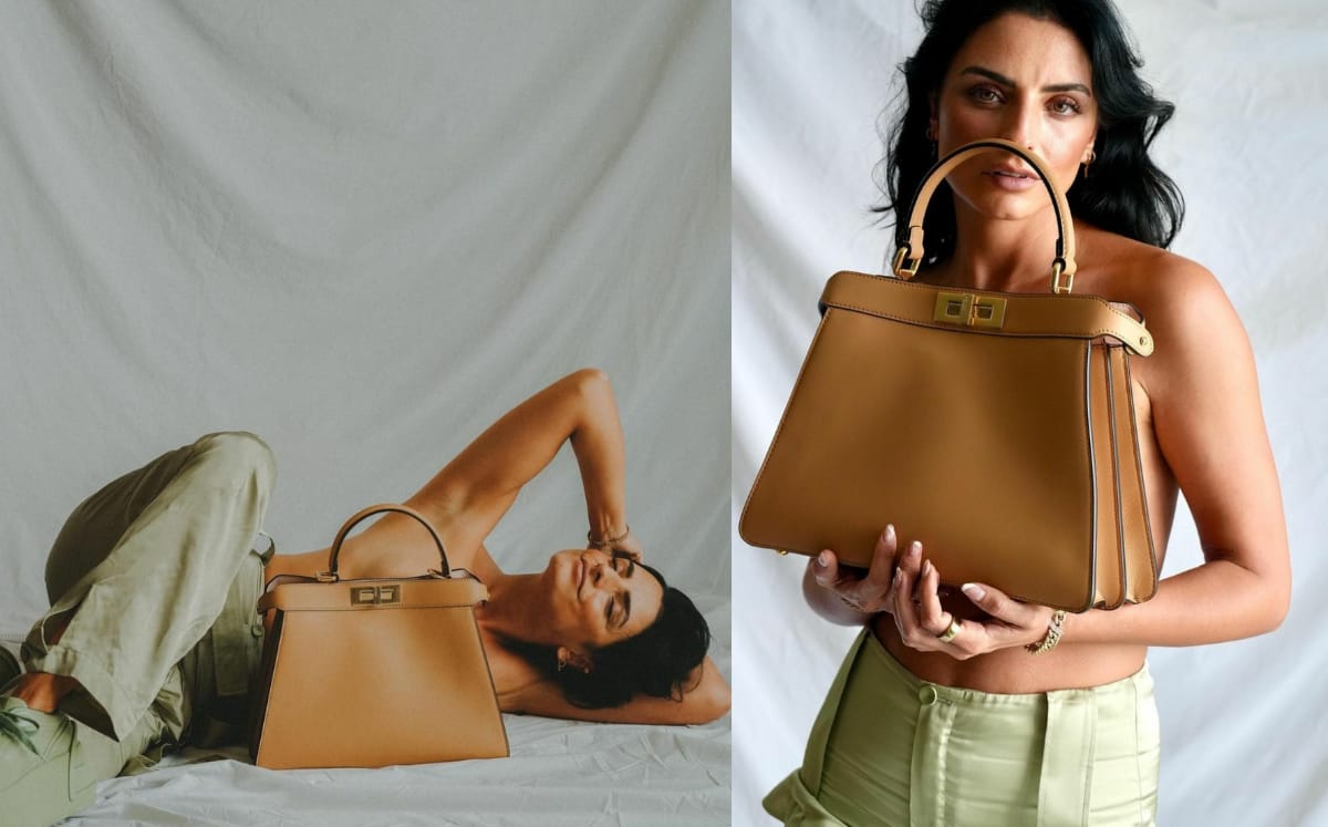Aislinn Derbez posa topless con cargo jeans aesthetic