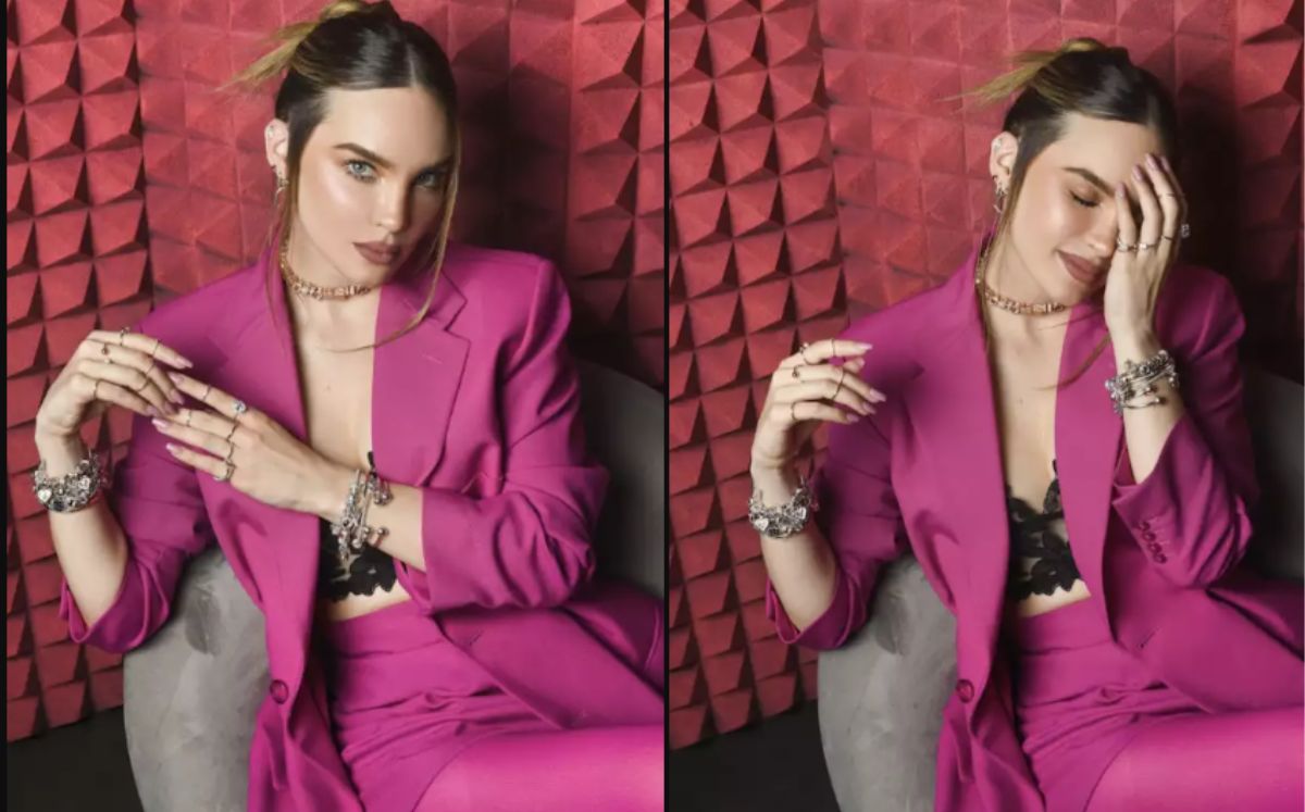 Belinda combina lencería con blazer Barbiecre (fotos: Elle)