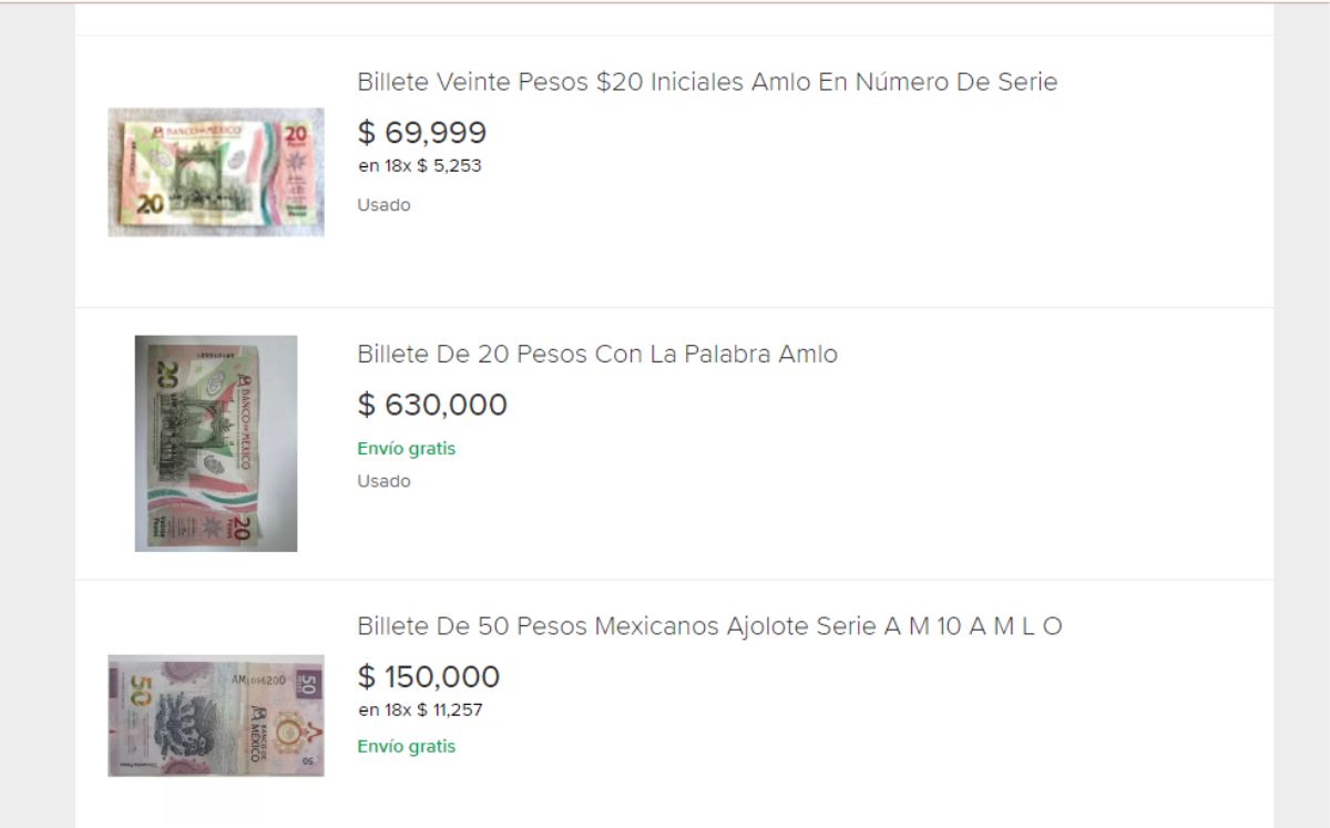 Precios del billete de 20 pesos en Mercado Libre (Cortesía)