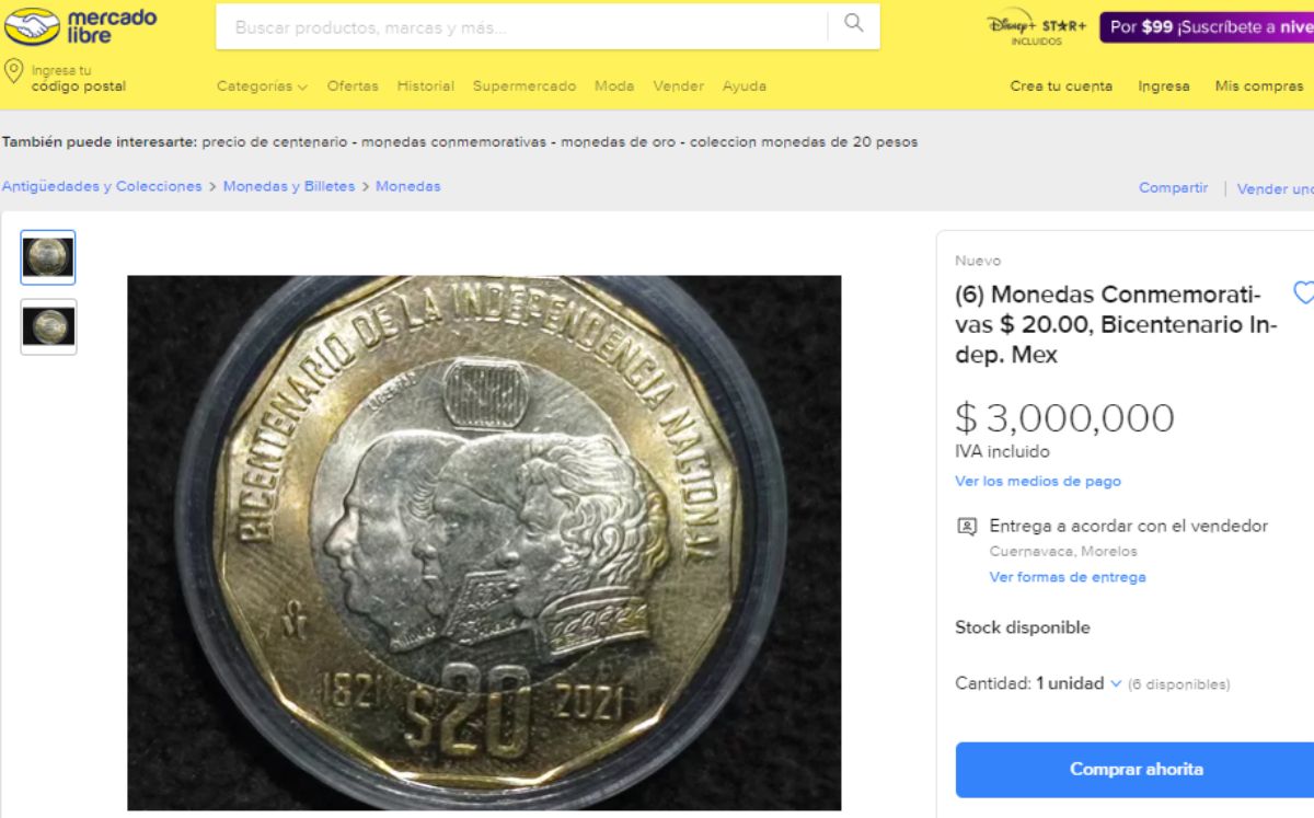 Venta de la moneda conmemorativa de 20 pesos (Mercado Libre)
