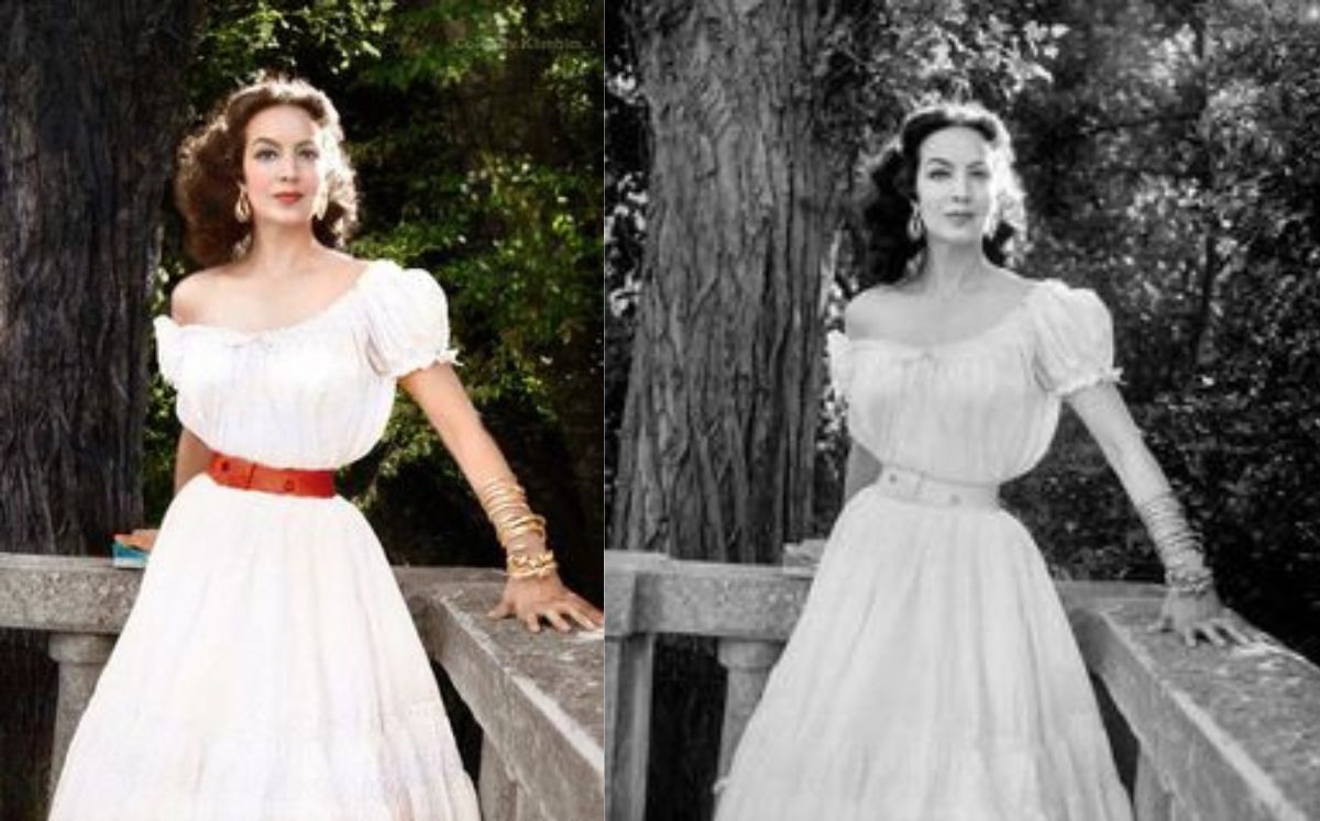 María Félix con un vestido boho a color y blanco y negro (Pinterest)