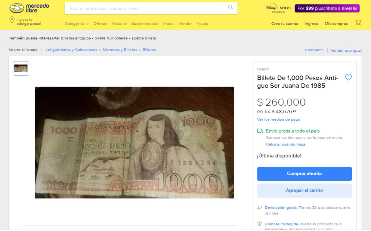 Venta del billete en Mercado Libre (Cortesía)