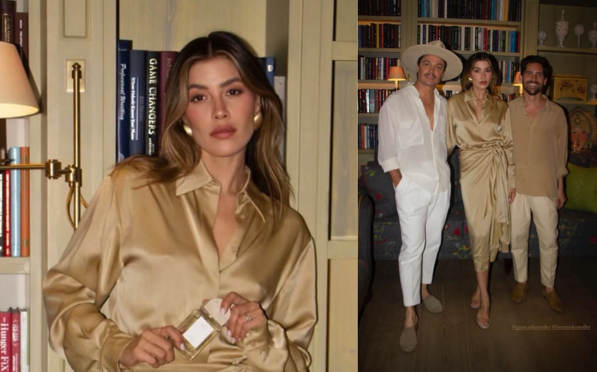 Michelle Salas roba cámara con vestido satinado beige (Instastories)