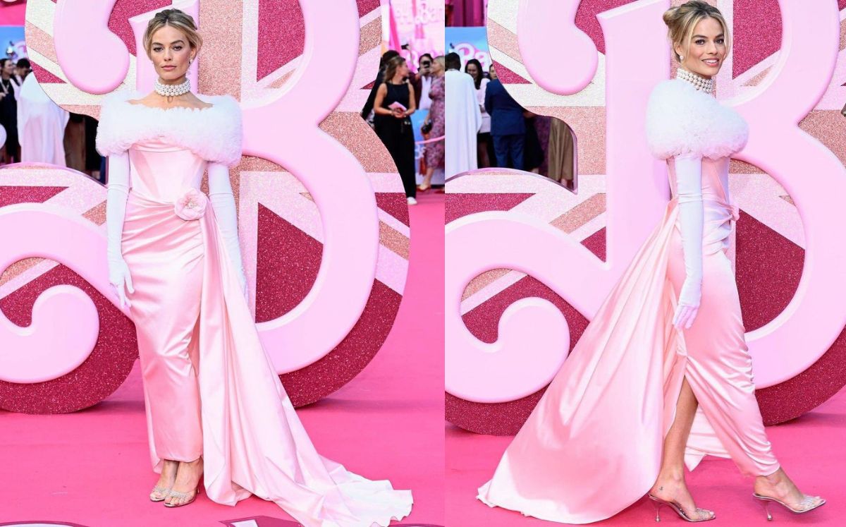 Margot Robbie recrea el look old Hollywood de Barbie en Londres (Getty Images)