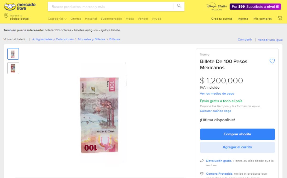El billete de 100 pesos que se vende por un millon (Mercado Libre)