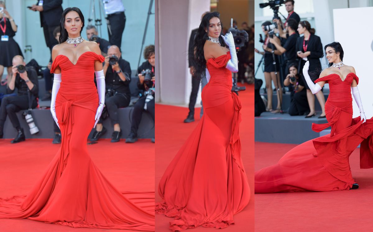 Georgina Rodríguez y su vestido rojo en el Festival de Cine de Venecia (Getty Images)