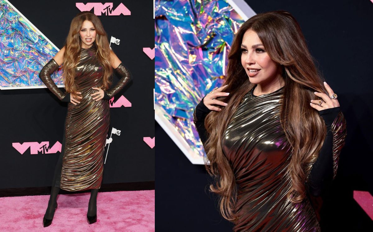 Thalía paraliza los VMA’s 2023 al llevar vestido metálico (Getty Images)