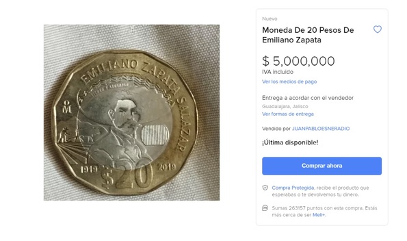 Moneda de 20 pesos de Emiliano Zapata se vende en 5 MILLONES (Foto: Instagram)