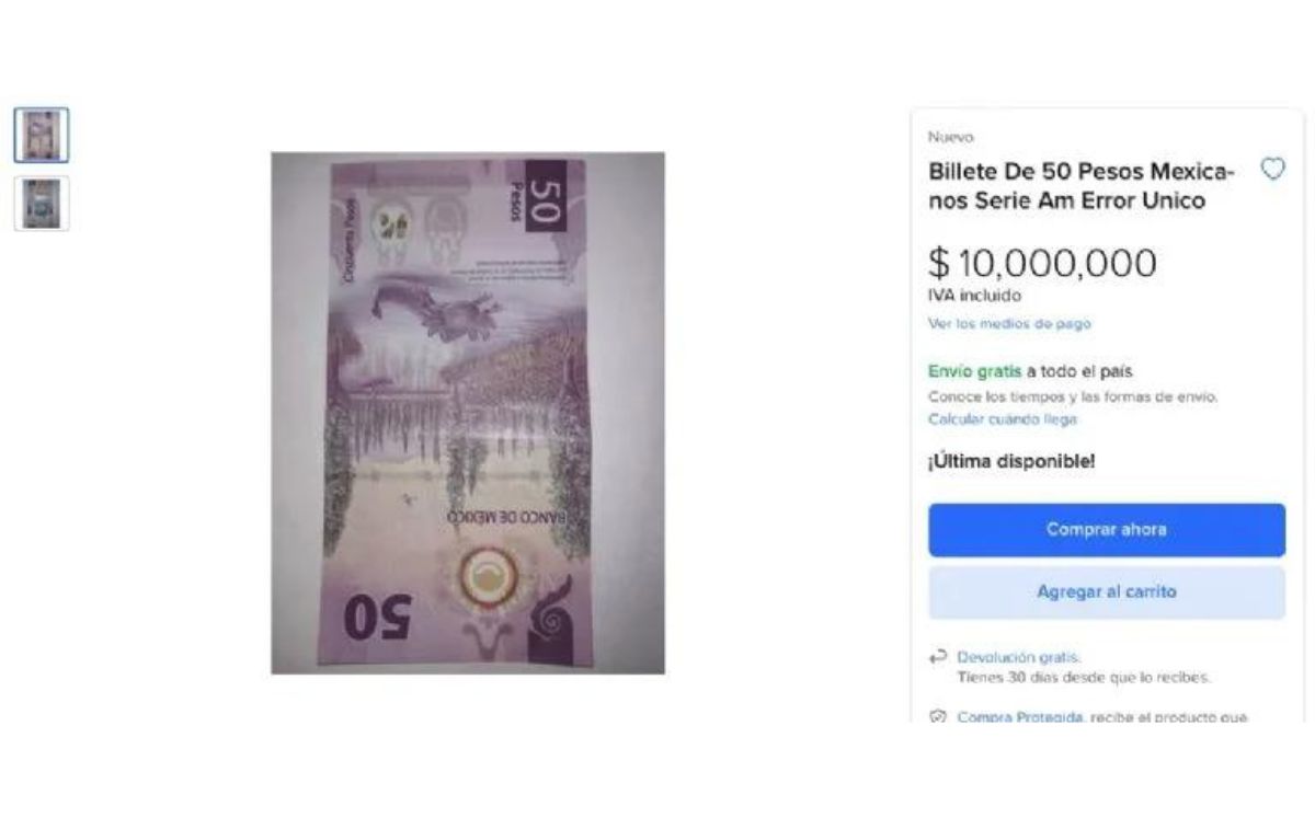 Billete de 50 pesos de ajolote vale un millón con este número de serie (Mercado Libre)