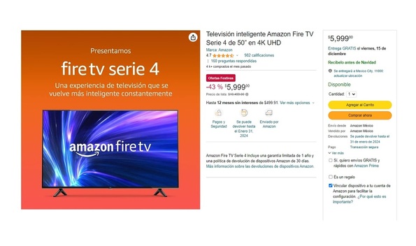 Amazon remata Smart TV de 50 pulgadas a menos de $6 mil pesos (Foto: Instagram)