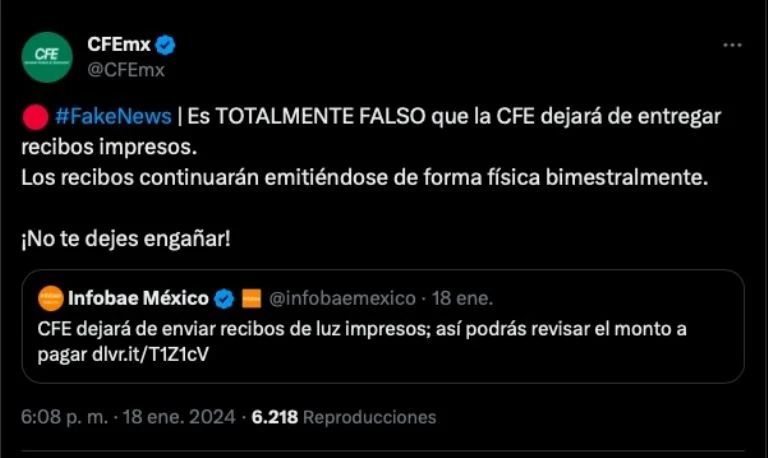 CFE emite alerta sobre los recibos de luz físicos (Foto: X)