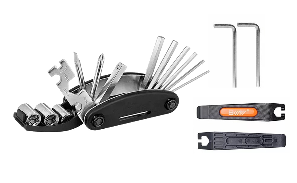 QKURT  es un kit de reparación mecánica de bicicleta  que cuenta con una palanca de llanta de bicicleta, llaves Allen, destornillador, entre otros.