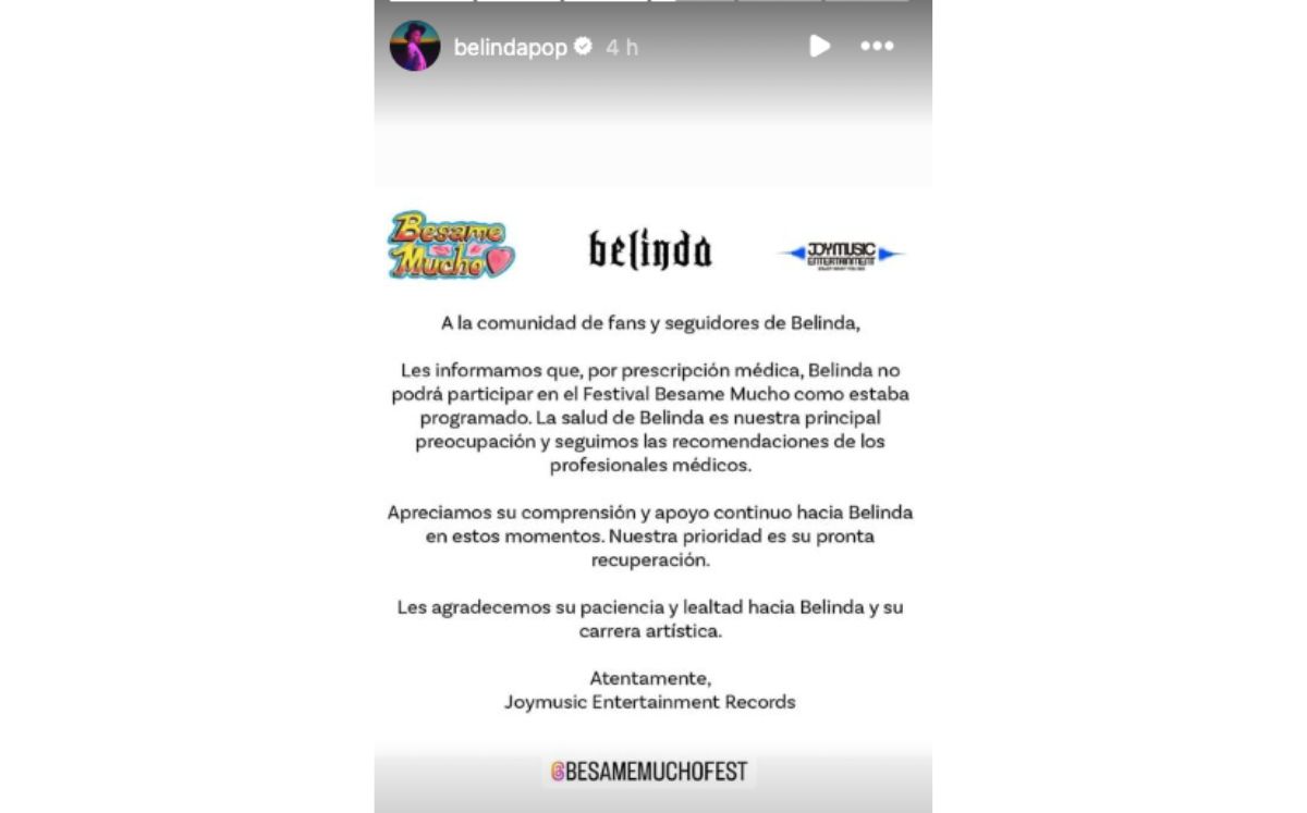 Belinda cancela presentación por estado de salud; ¿qué le pasó? (Instagram)