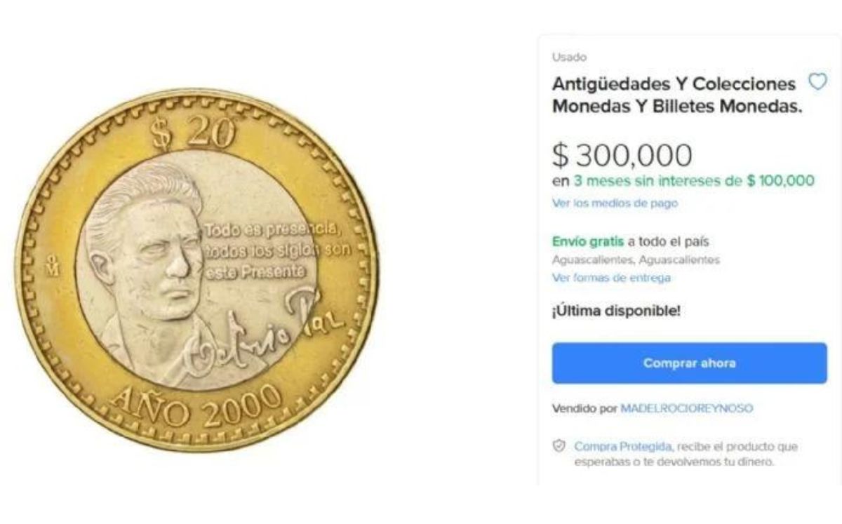 Moneda de 20 pesos de Octavio Paz vale hasta 300 mil | Características (Mercado Libre)