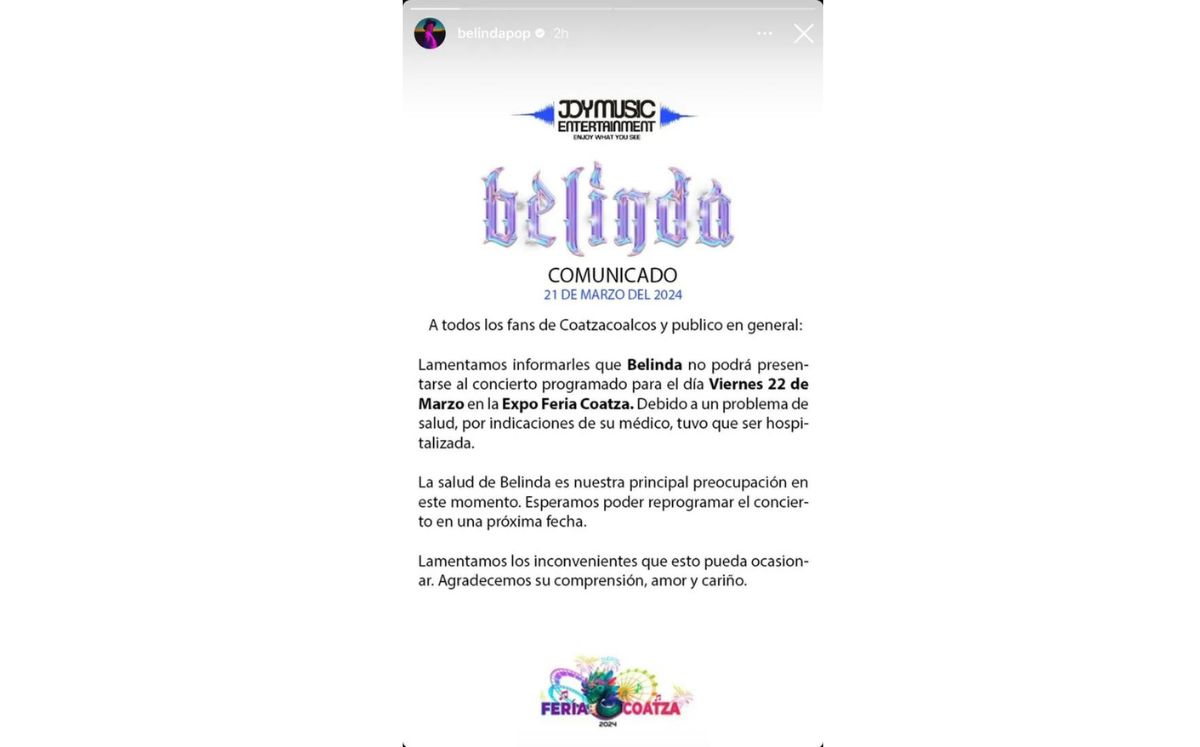 Belinda es hospitalizada de emergencia y este es su estado de salud (Instagram)