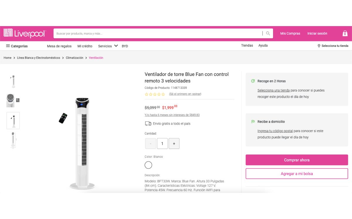 Liverpool remata ventilador al 60% de descuento por venta especial (Liverpool)