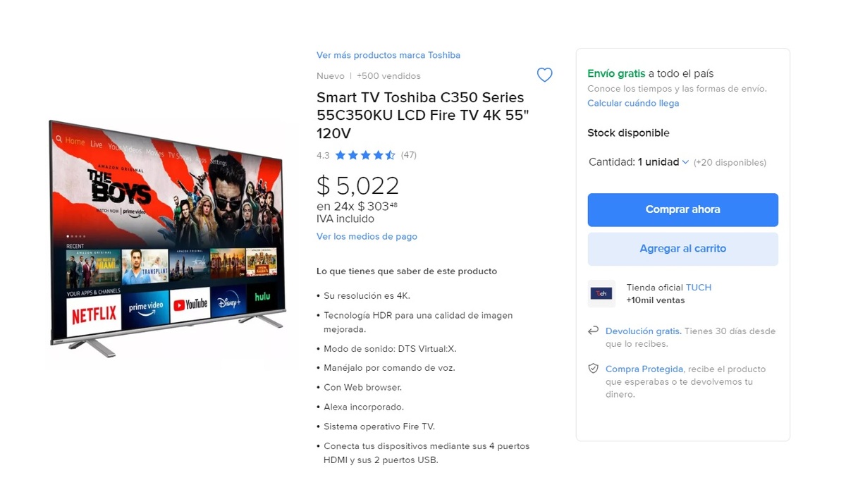 Smart TV Toshiba de 55 pulgadas a $4 MIL pesos por Hot Sale (Foto: Mercado Libre)