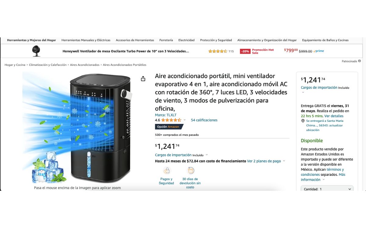 Amazon remata aire acondicionado portátil por menos de 1300 pesos (Amazon)