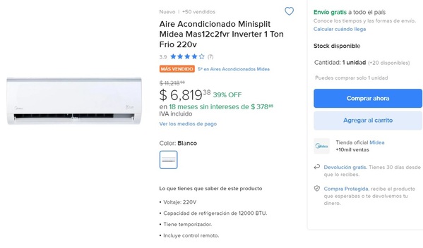 Rematan minisplit inverter que ahorra hasta 60% de luz (Foto: Mercado Libre)
