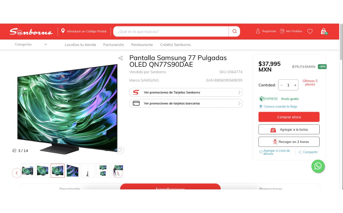 Descuento de pantalla Samsung en Sanborns