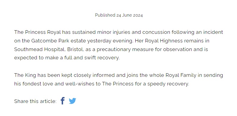 Comunicado del Palacio de Buckingham sobre la hospitalización de la Princesa Ana (Foto: Palacio de Buckingham)
