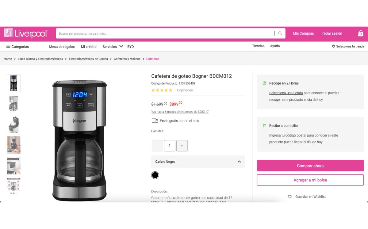 Precio de cafetera Bogner en Liverpool