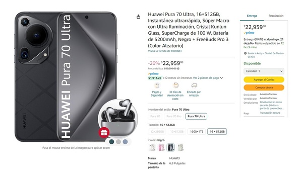 Huawei Pura 70 Ultra en su precio más bajo en Amazon (Foto: Amazon)
