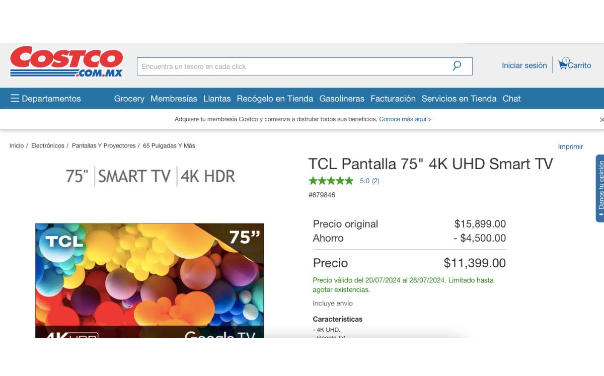 Smart TV de 75 pulgadas en descuento (Costco)