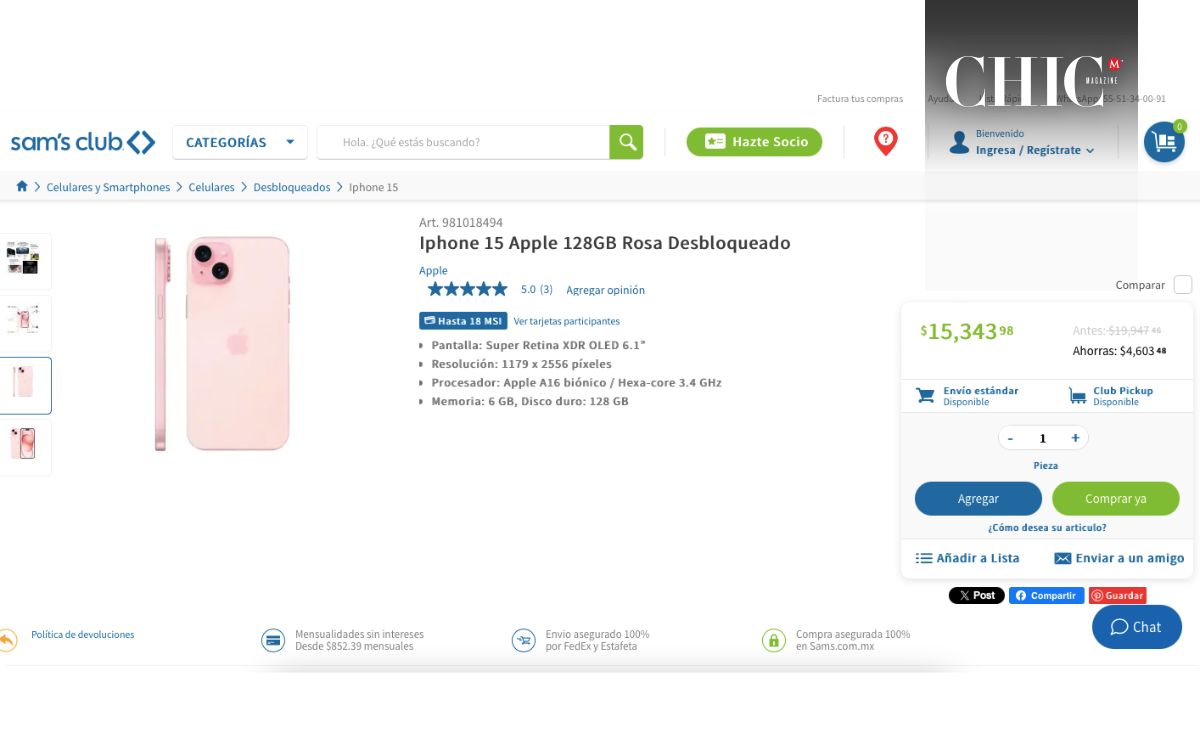 iPhone 15 en descuento (Sam's Club)