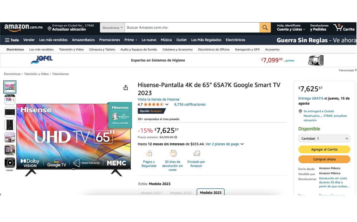 Precio de la pantalla de 65 pulgadas en Amazon (Instagram)