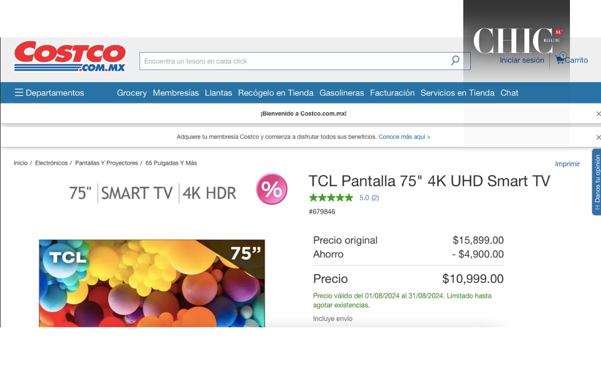 Precio con descuento en Costco de pantalla TLC de 75 pulgadas (Costco)