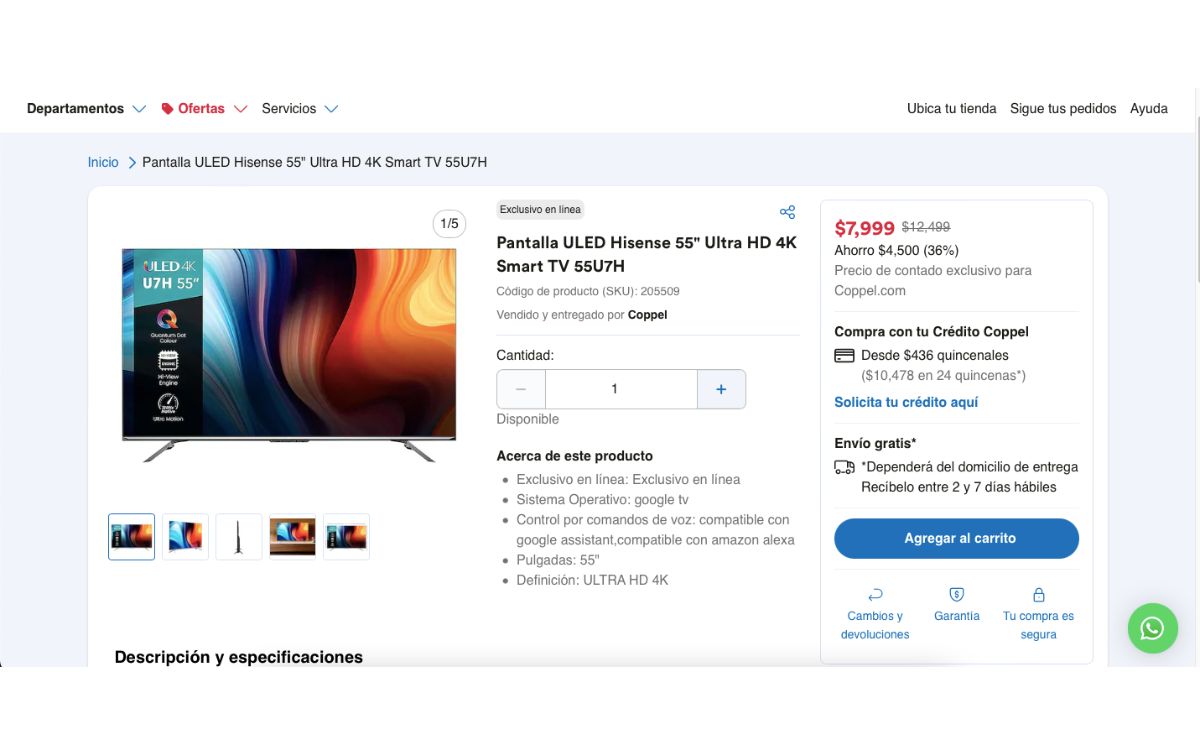 Descuento de pantalla de 55 pulgadas (Coppel)