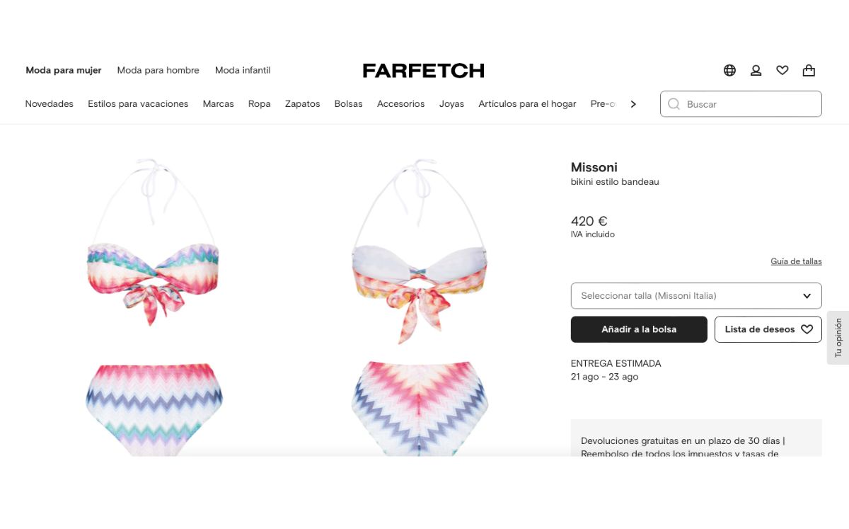Precio del bikini de Eugenia Rodriguez (Farfetch)