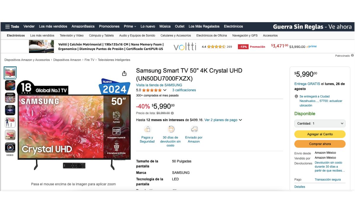 Precio de la pantalla Samsung de 50 pulgadas (Amazon)