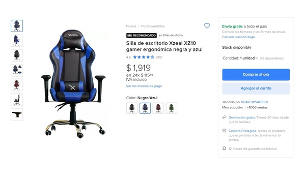 Silla gamer a menos de $2 mil pesos (Foto. Mercado Libre)