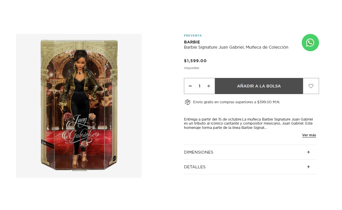 Esto es lo que cuesta la muñeca Barbie inspirada en Juan Gabriel en Palacio de Hierro (Foto: Palacio de Hierro)